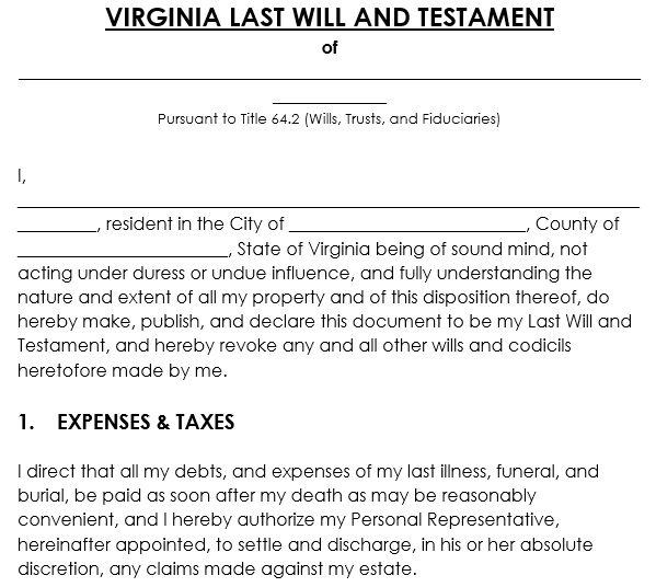free Virginia last will and testament template