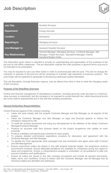 job description and specification template