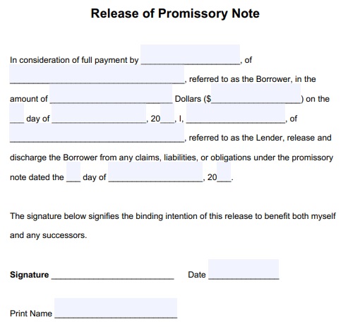 release of promissory note template