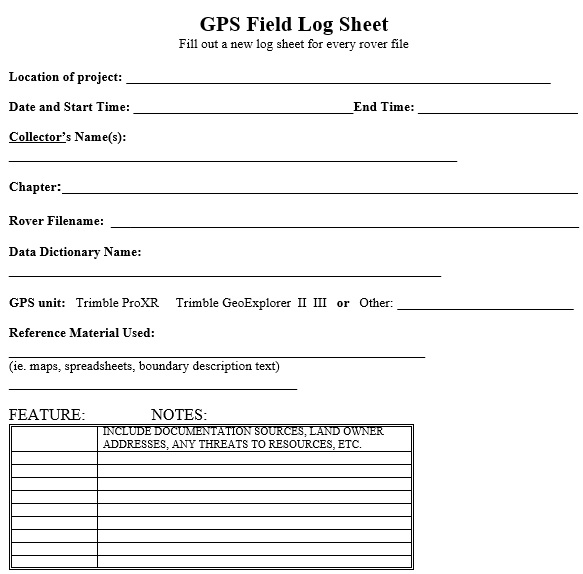 GPS field log sheet