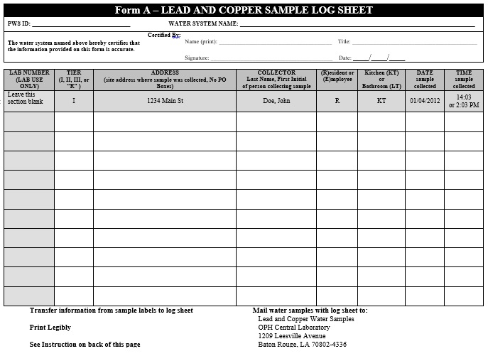 lead and copper sample log sheet