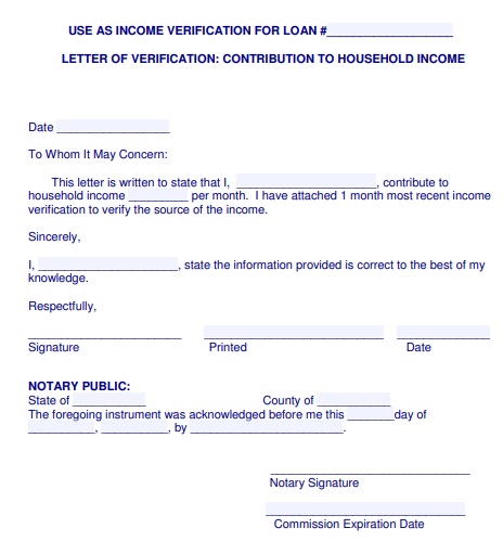 letter of verification contribution to household income