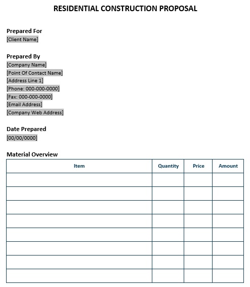 residential construction proposal template