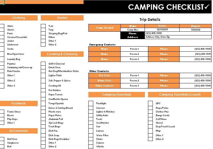 camping checklist excel
