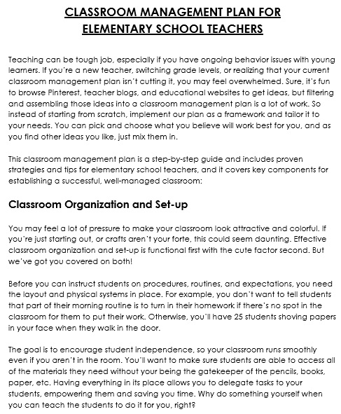 classroom management plan for elementary school teachers