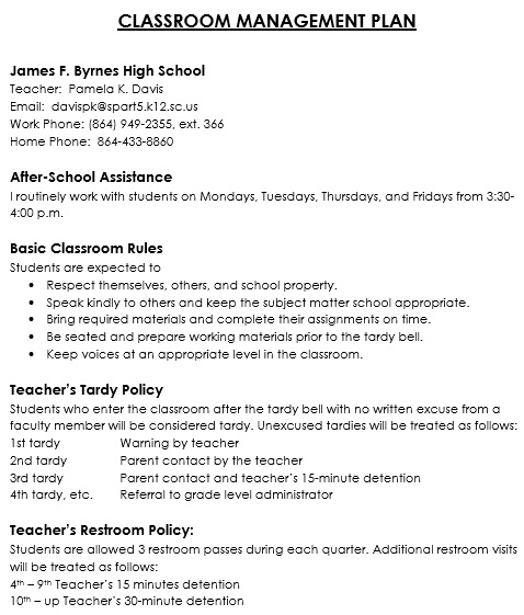 classroom management plan template high school