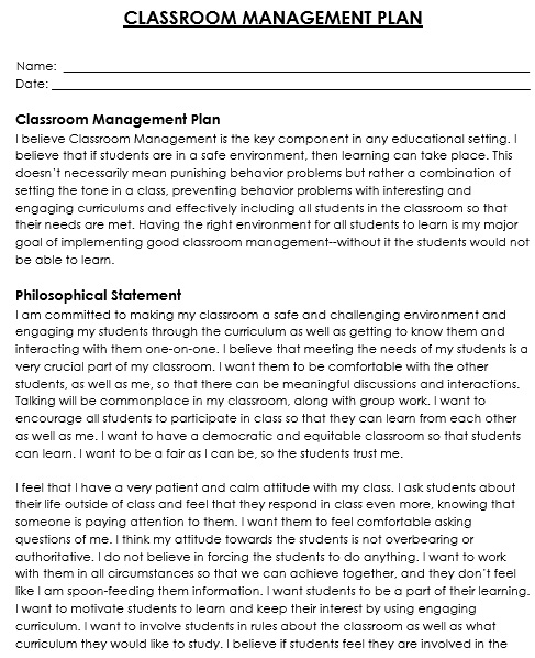 classroom management plan template word