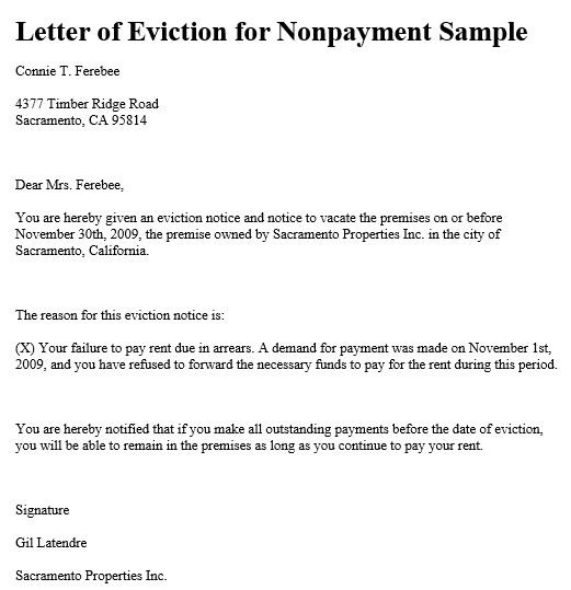 letter of eviction for nonpayment sample