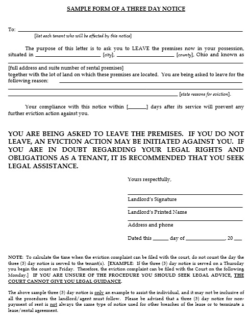 sample form of a three day notice letter