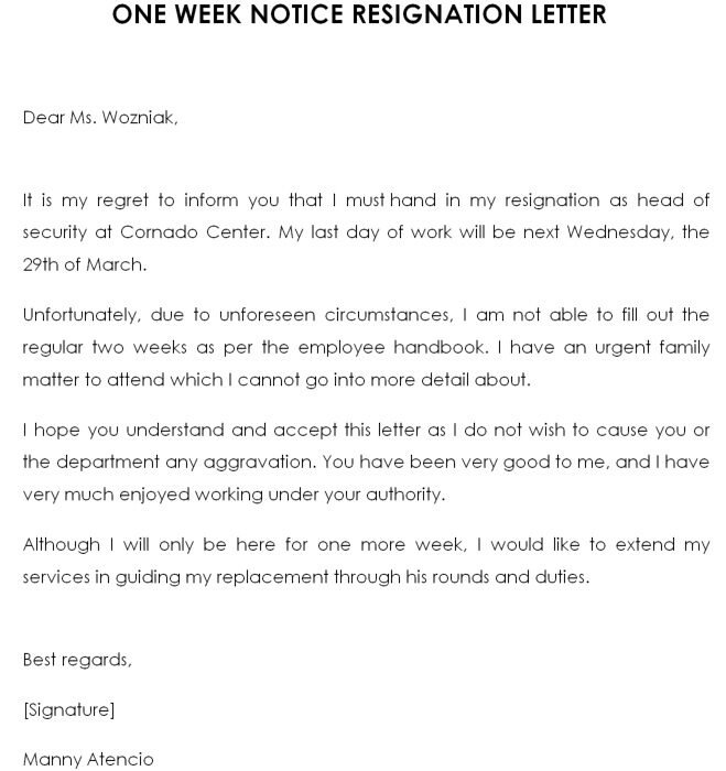 one week notice resignation letter