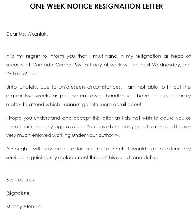 one week notice resignation letter