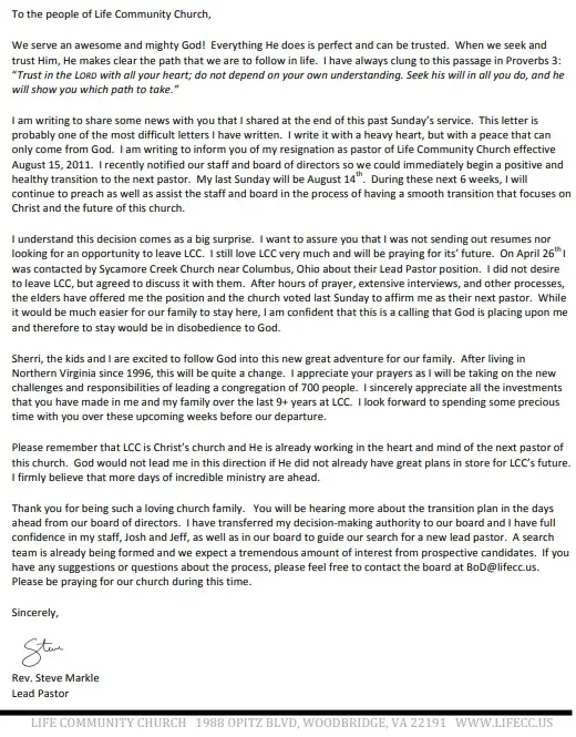 church resignation letter