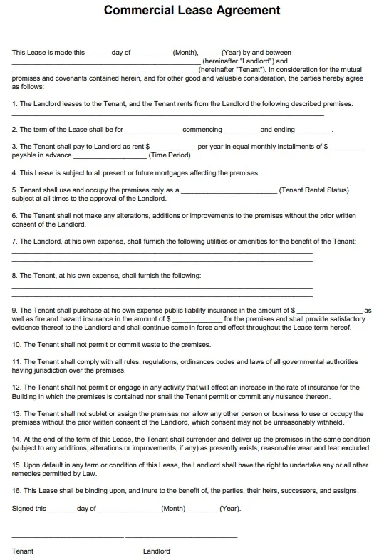 commercial property lease agreement template