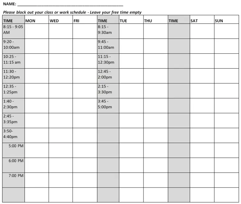 free semester schedule template word