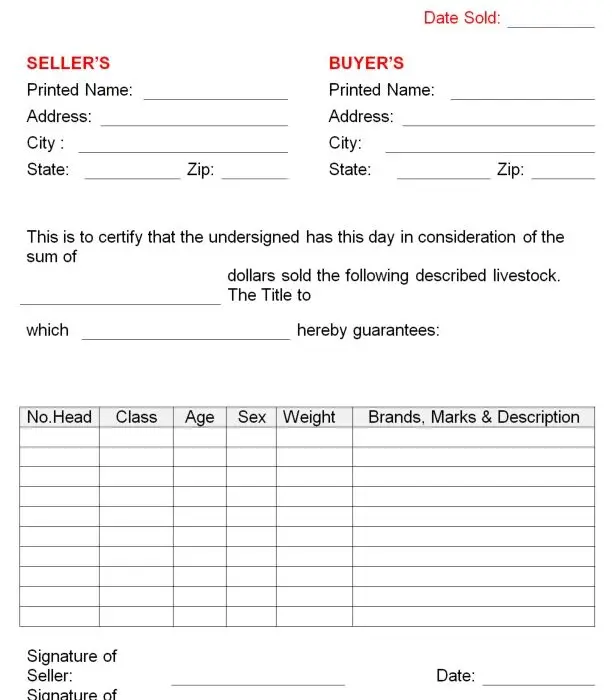 livestock bill of sale form