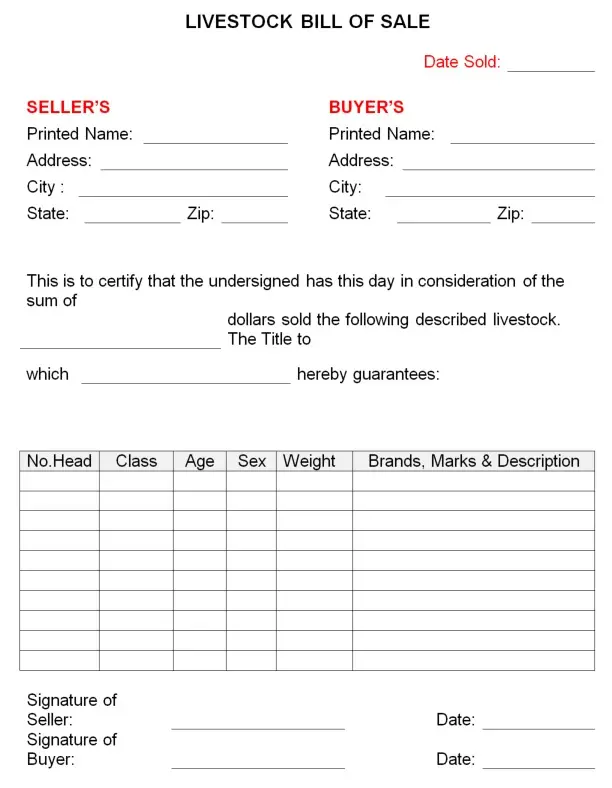 livestock bill of sale form